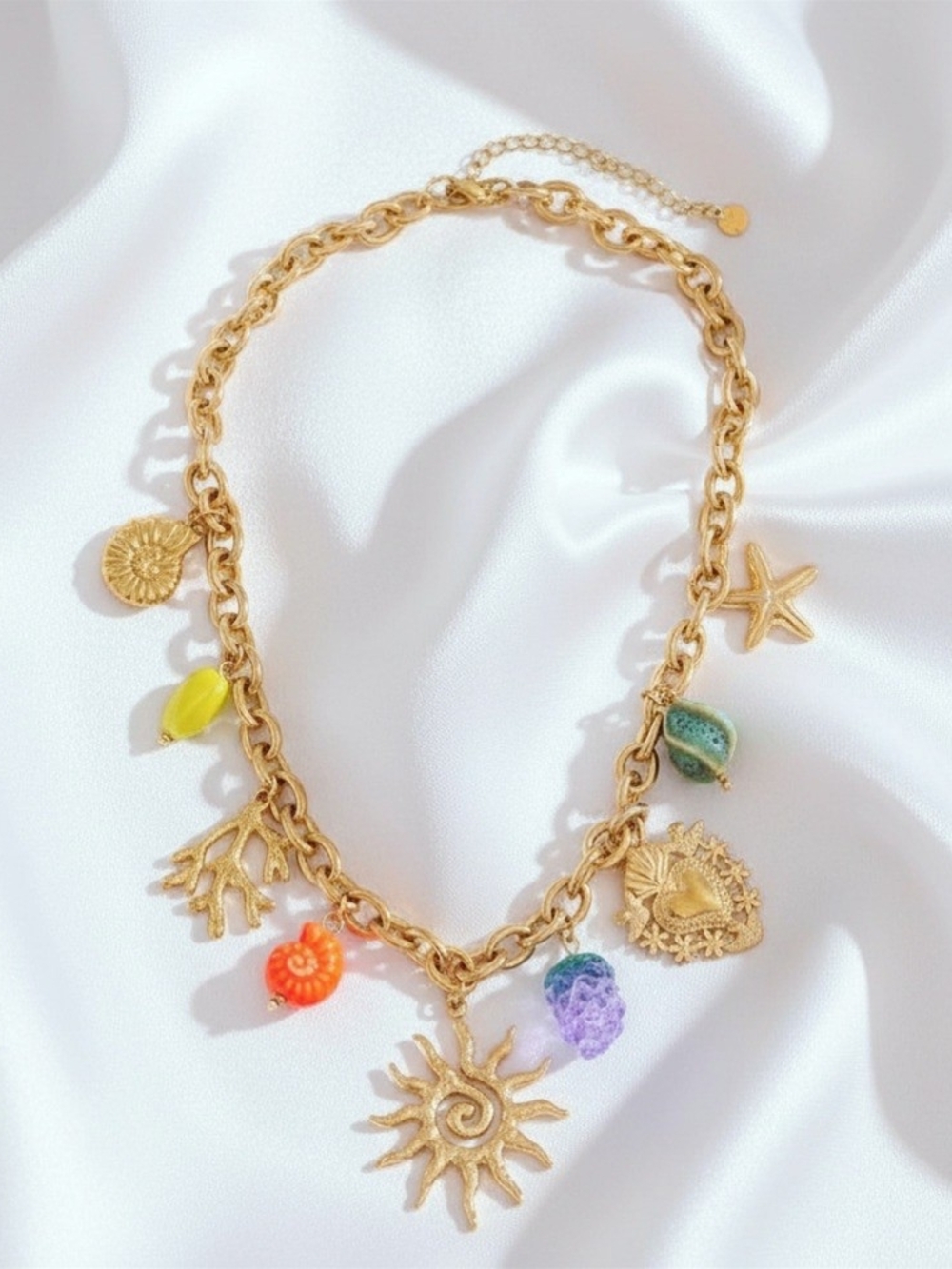 Gold-plated Beach Charm Necklace with Multicolor Accents - Women Jewelry - NEW